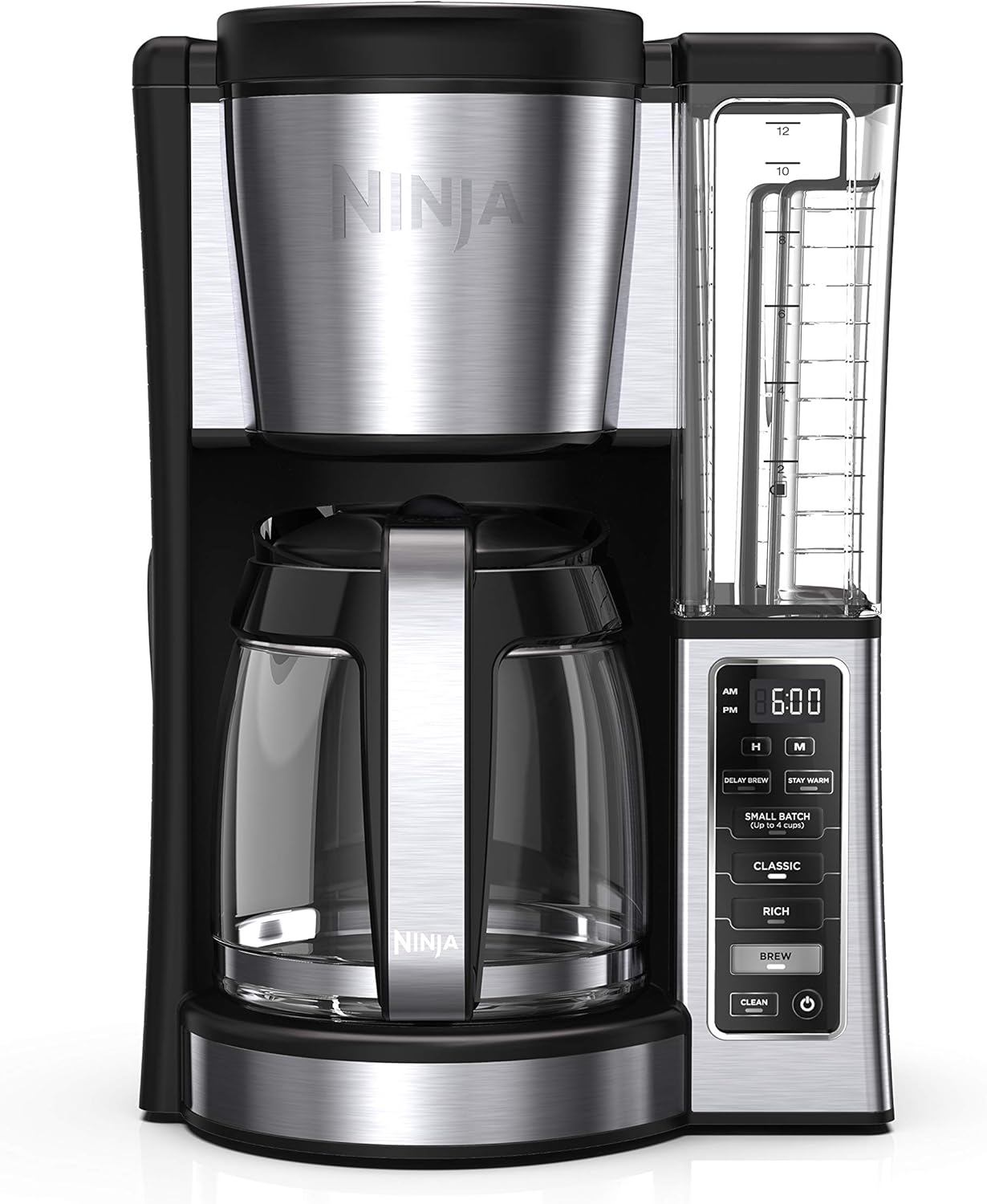 Ninja Cafetera programable de 12 tazas, 2 estilos de preparación, plato caliente ajustable, depósito de agua de 60 onzas, preparación retardada, negro/acero inoxidable