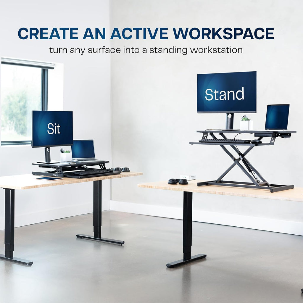 Vivo, Convertidor de escritorio de pie ajustable de 32 pulgadas, convertidor rápido de posición sentada a posición de pie, estación de trabajo de mesa de doble monitor