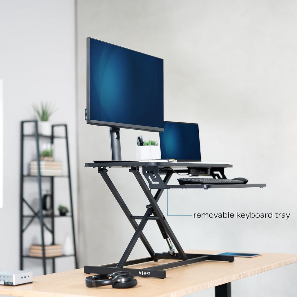 Vivo, Convertidor de escritorio de pie ajustable de 32 pulgadas, convertidor rápido de posición sentada a posición de pie, estación de trabajo de mesa de doble monitor