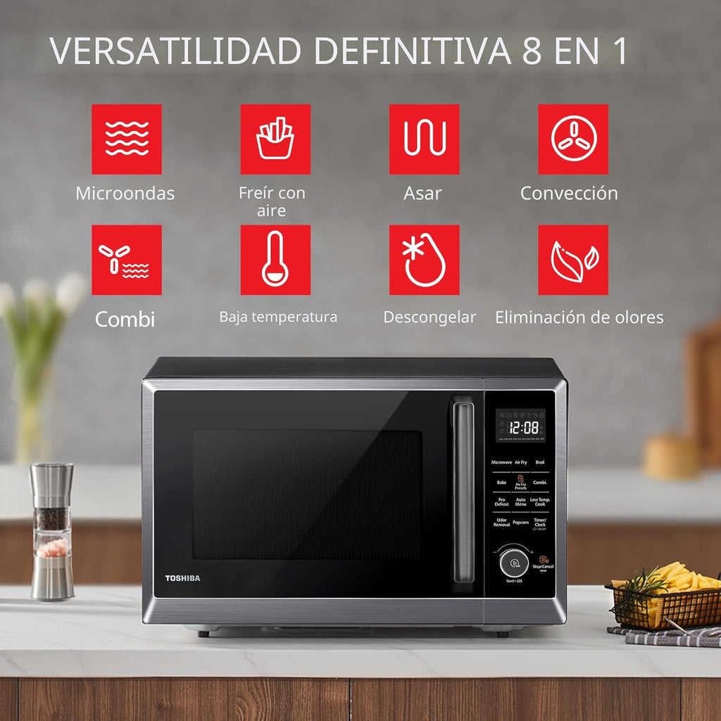 TOSHIBA Horno de microondas combinado con freidora de aire 8 en 1 para encimera, con convección, parrilla, modo de eliminación de olores, plato giratorio de 12.4" con memoria de posición