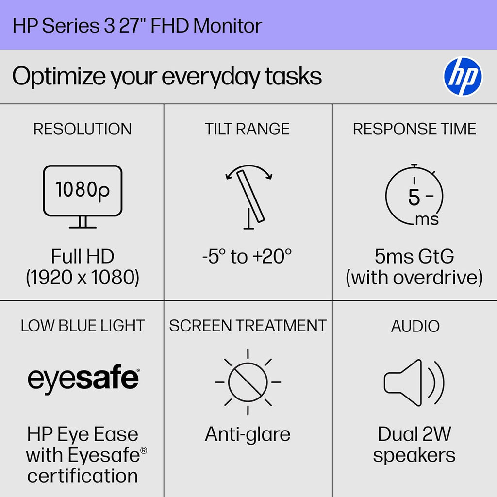 Monitor HP Serie 3 de 27 pulgadas FHD, pantalla Full HD (1920 x 1080), panel IPS, relación de contraste 1300:1, 250 nits, Eye Ease con certificación Eyesafe, negro, 327se (2025)