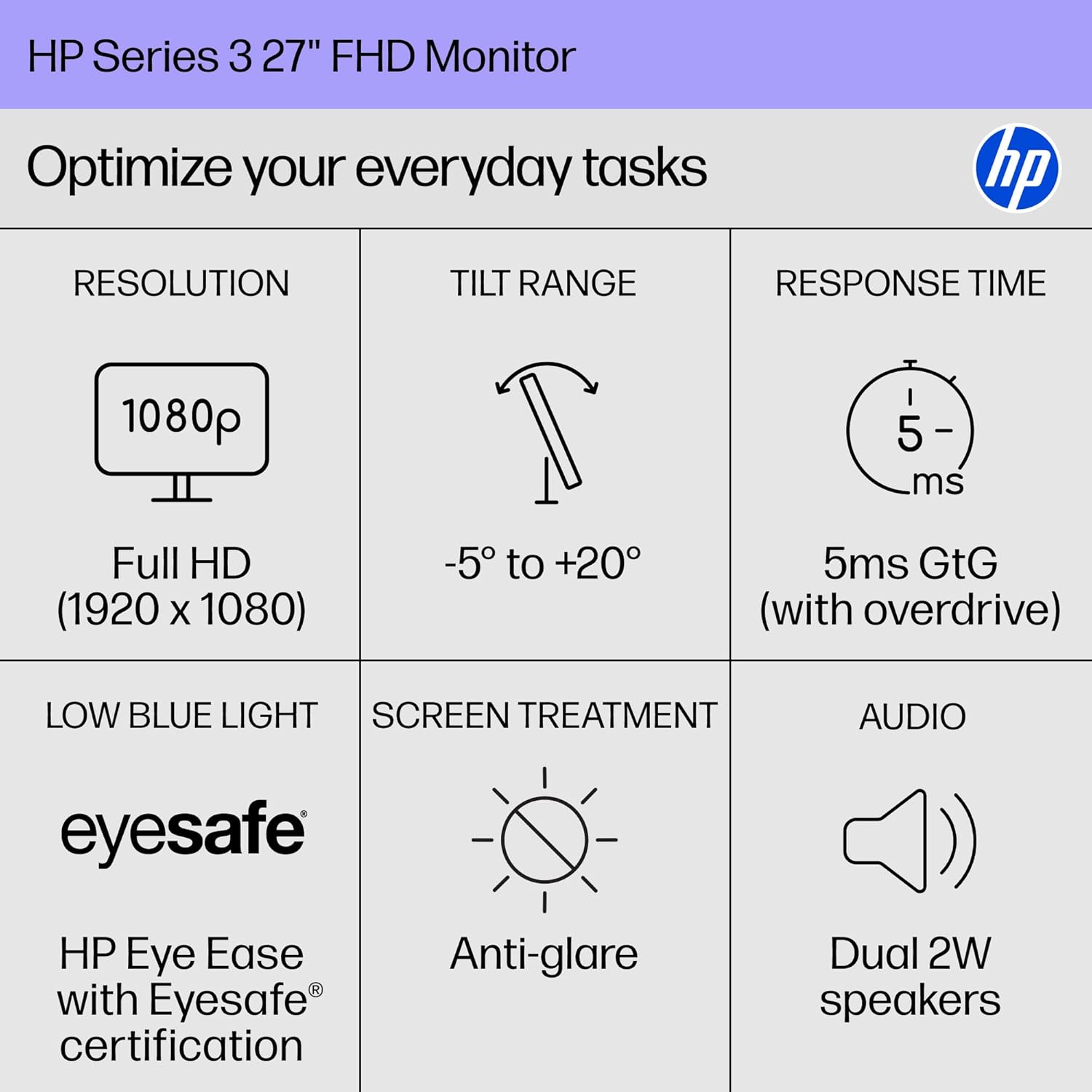 Monitor HP Serie 3 de 27 pulgadas FHD, pantalla Full HD (1920 x 1080), panel IPS, relación de contraste 1300:1, 250 nits, Eye Ease con certificación Eyesafe, negro, 327se (2025)