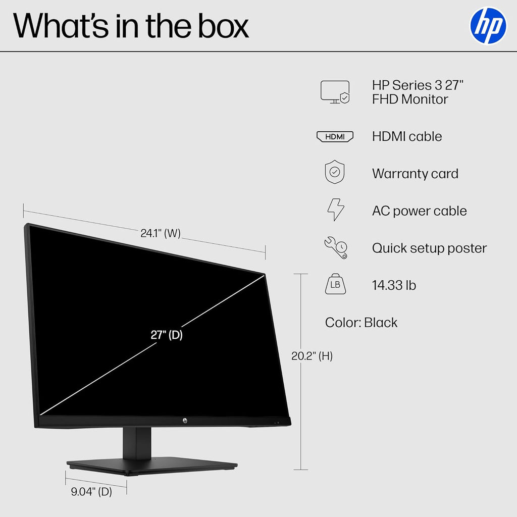 Monitor HP Serie 3 de 27 pulgadas FHD, pantalla Full HD (1920 x 1080), panel IPS, relación de contraste 1300:1, 250 nits, Eye Ease con certificación Eyesafe, negro, 327se (2025)