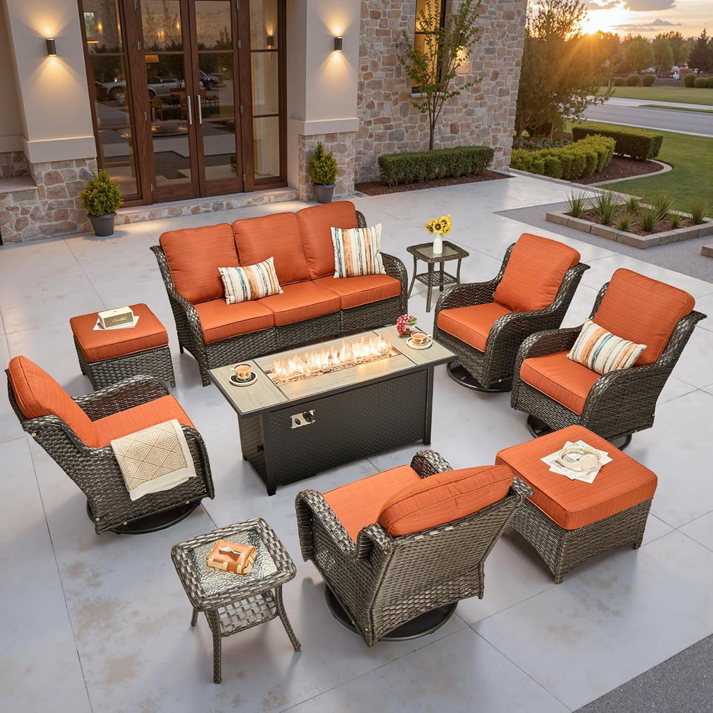 Juego de muebles de patio de 10 piezas, sofá de mimbre para exteriores con sillas giratorias, mesa para fogatas de 54 pulgadas, juegos de conversación modernos.