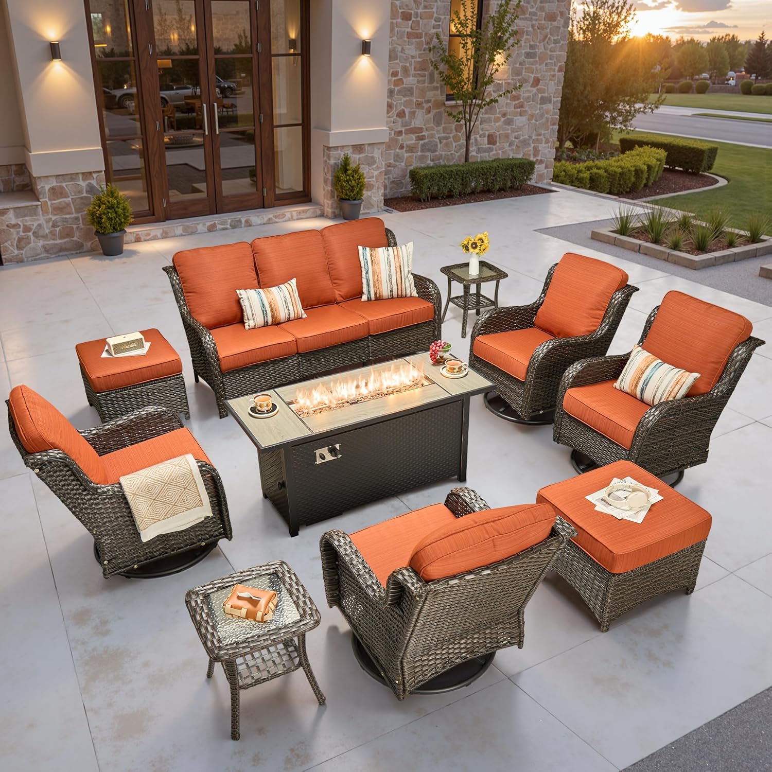 Juego de muebles de patio de 10 piezas, sofá de mimbre para exteriores con sillas giratorias, mesa para fogatas de 54 pulgadas, juegos de conversación modernos.