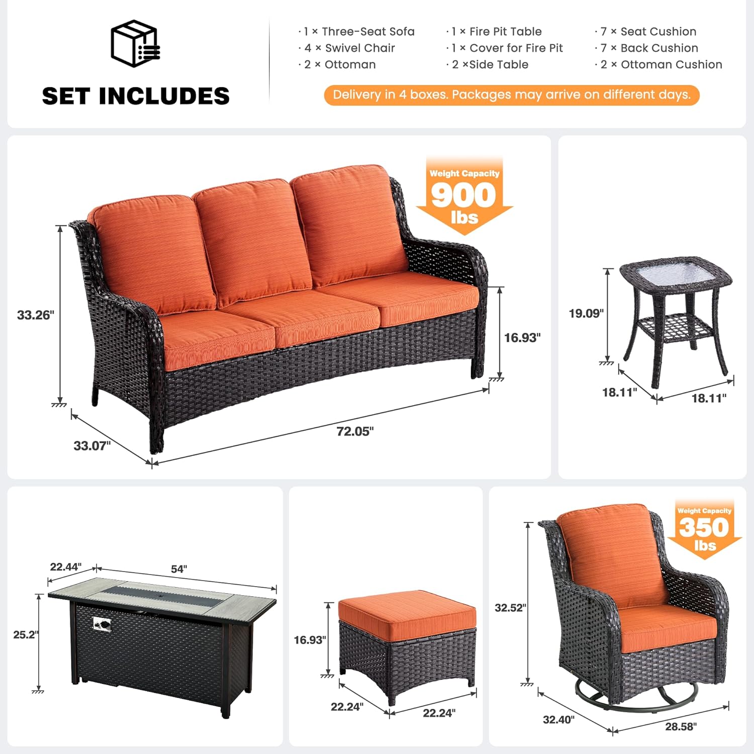 Juego de muebles de patio de 10 piezas, sofá de mimbre para exteriores con sillas giratorias, mesa para fogatas de 54 pulgadas, juegos de conversación modernos.