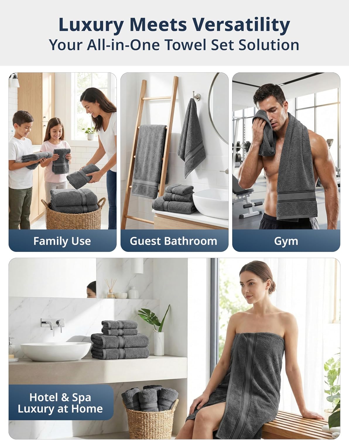 LANE LINEN Paquete de 18 toallas para baño, 100% algodón mercerizado, cero torsión, 6 toallas de baño, 6 toallas de mano y 6 paños de lavado, suaves con el cuerpo