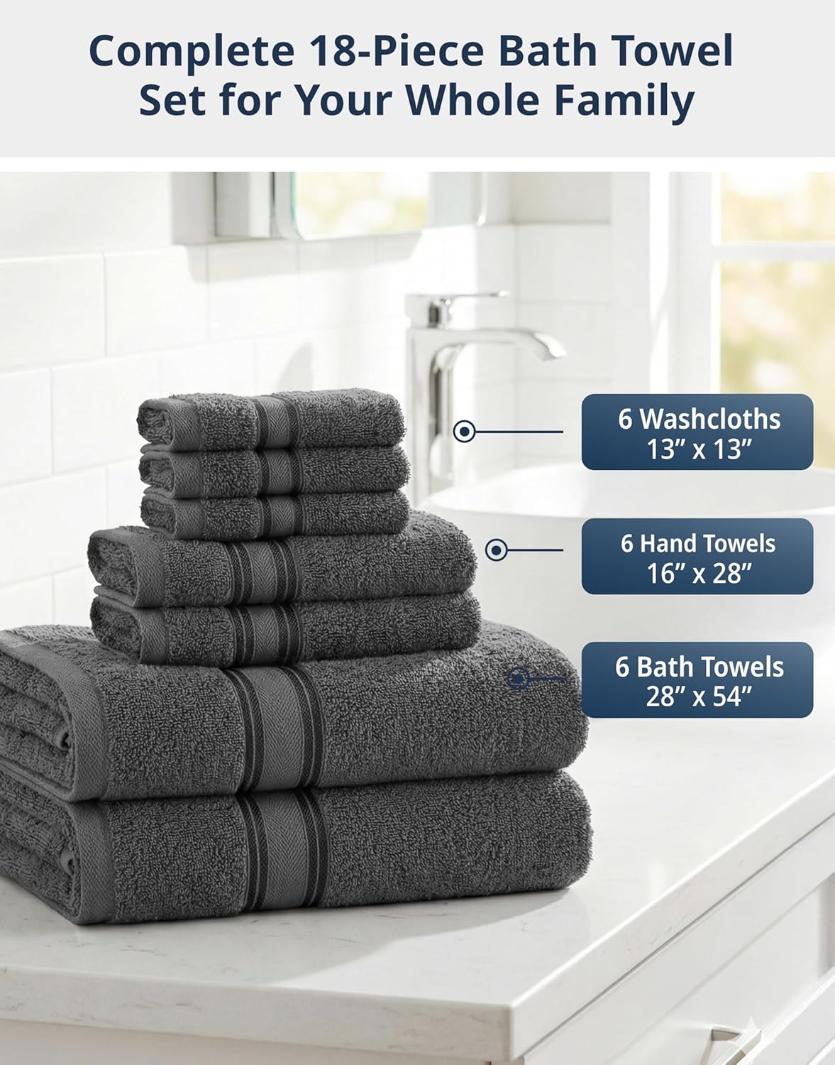 LANE LINEN Paquete de 18 toallas para baño, 100% algodón mercerizado, cero torsión, 6 toallas de baño, 6 toallas de mano y 6 paños de lavado, suaves con el cuerpo